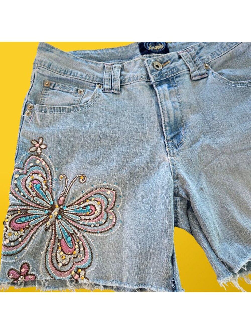 Y2K  Angels Cut Off denim Shorts Size 8 Embroidered Rhinestone Butterfly 2000s